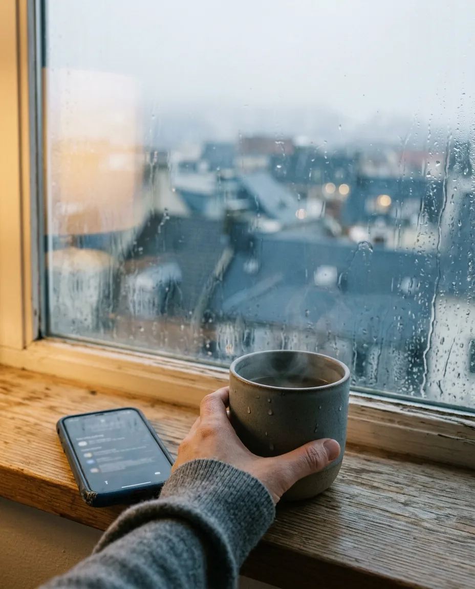 Une main tient une tasse fumante sur un rebord de fenêtre en bois, un smartphone posé à côté, devant une vitre constellée de pluie donnant sur des toits gris.