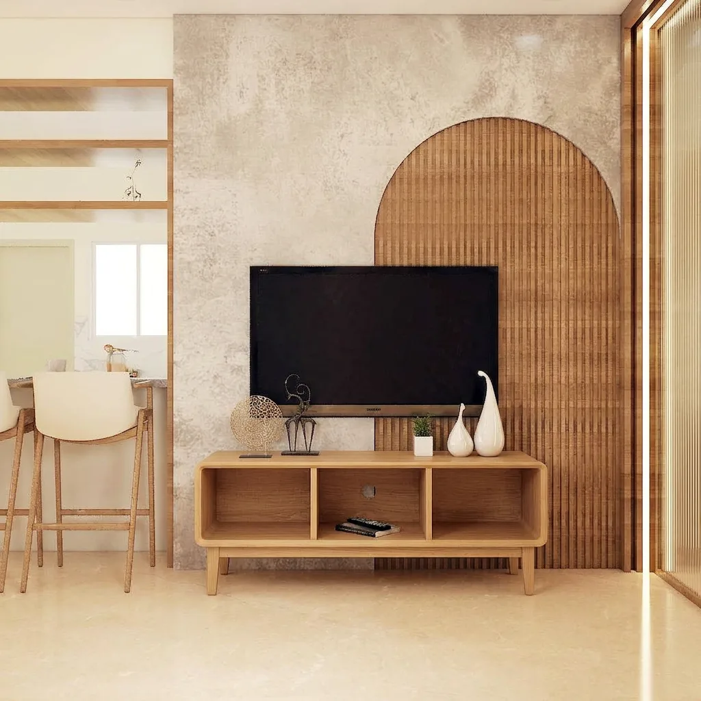 Le même salon, le meuble blanc remplacé par un meuble TV sur mesure en bois clair à étagères ouvertes généré par l'outil.