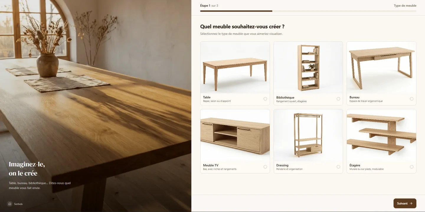 Interface de l'outil, étape 1 sur 3 : grille de types de meubles à choisir (table, bibliothèque, bureau, meuble TV, dressing, étagère).